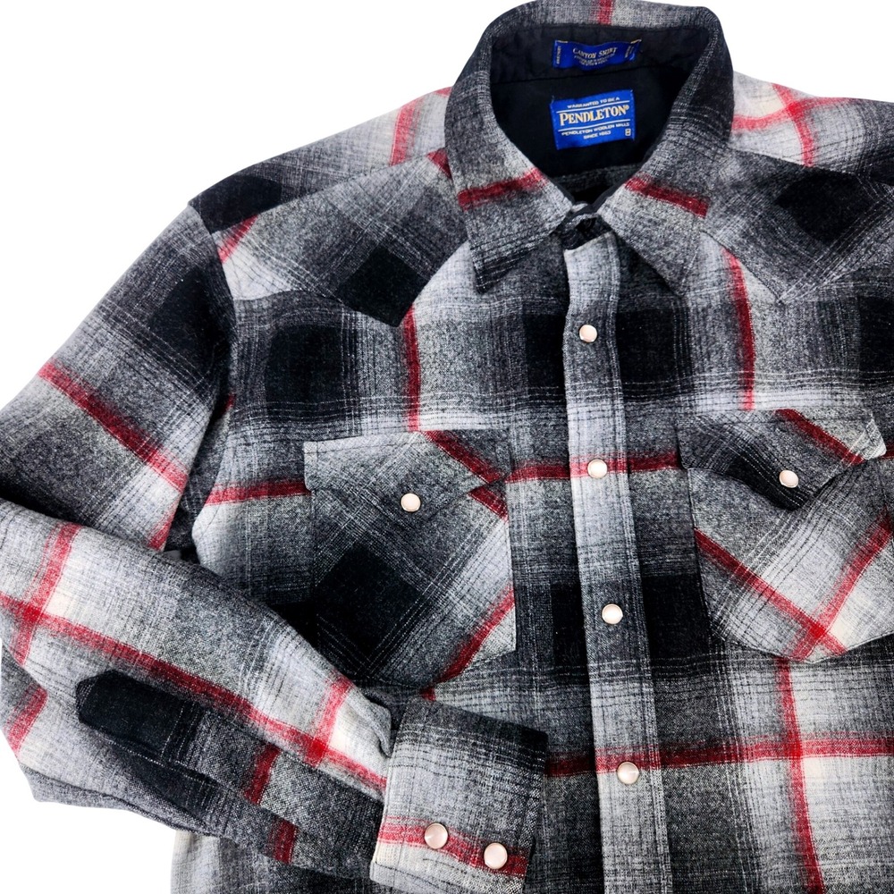 Pendleton Canyon Shirt Mens M Pearl Snap Plaid Black Grey Red Wool Western
